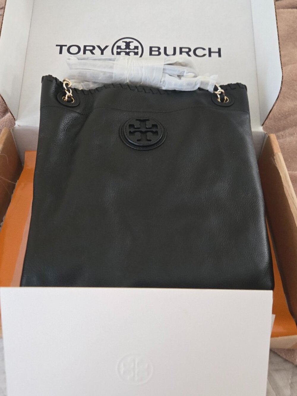 NIB Tory Burch Marion Book Bag Tote  - Black Pebble Leather Chain/Leather